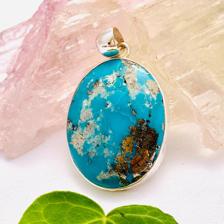 Pyrite and Turquoise oval cabochon pendant with beaten banding KPGJ2539 - Nature's Magick