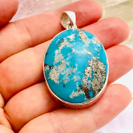 Pyrite and Turquoise oval cabochon pendant with beaten banding KPGJ2539 - Nature's Magick