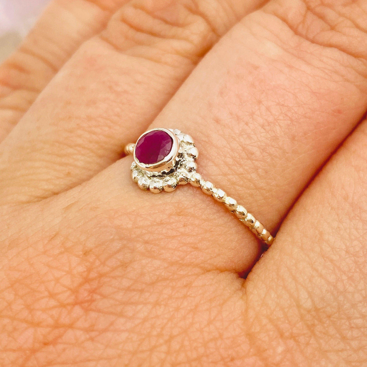 Ruby Round Faceted Fine Band Ring with Detailed Silver SettingR3692-RU - Nature's Magick