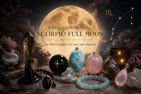 Altar with crystals and silver gemstone jewellery under Scorpio Full Moon