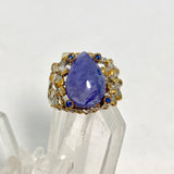 Tanzanite teardrop cabochon with Sapphite and 18ct Gold plate ring Size 7 GRA950