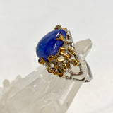 Tanzanite teardrop cabochon with Sapphire and 18ct Gold plate ring Size 7 GRA950