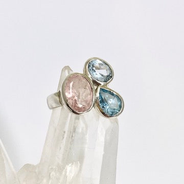 Morganite and Blue Topaz Multi-stone Faceted Ring Size 7.5 PRGJ619