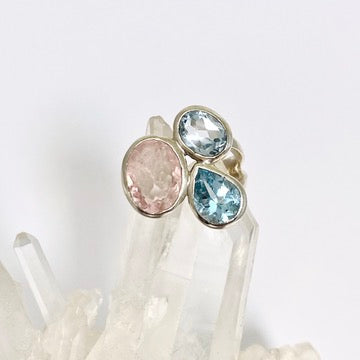 Morganite and Blue Topaz Multi-stone Faceted Ring Size 7.5 PRGJ619