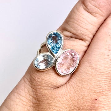 Morganite and Blue Topaz Multi-stone Faceted Ring Size 8 PRGJ618