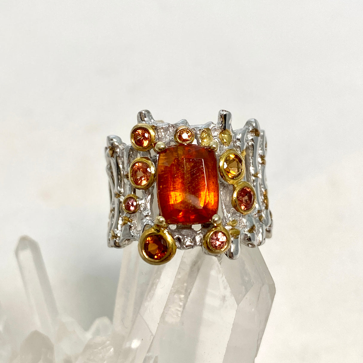 Orange Kyanite cushion cut with Tourmaline and Sapphire Designer ring Size 8 GRA580