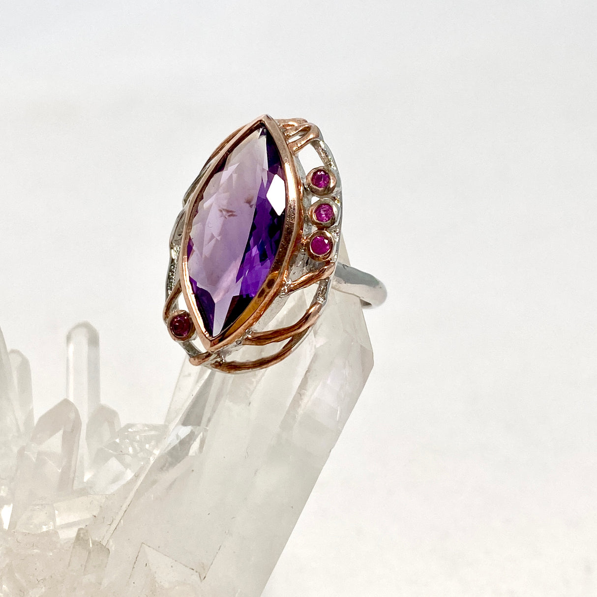 Amethyst with Rhodolite and Rose Gold plate ring size 8 GRA789