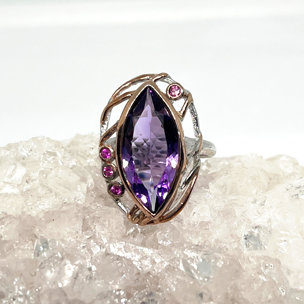 Amethyst with Rhodolite and Rose Gold plate ring size 8 GRA789