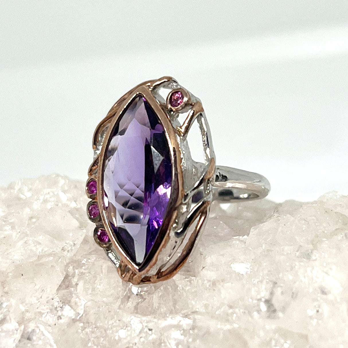 Amethyst with Rhodolite and Rose Gold plate ring size 8 GRA789