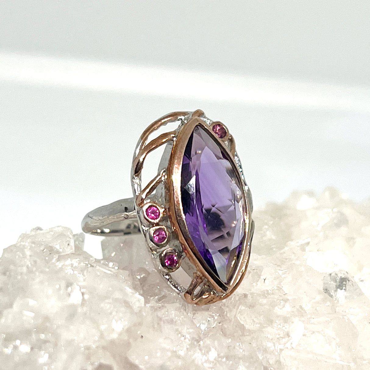 Amethyst with Rhodolite and Rose Gold plate ring size 8 GRA789