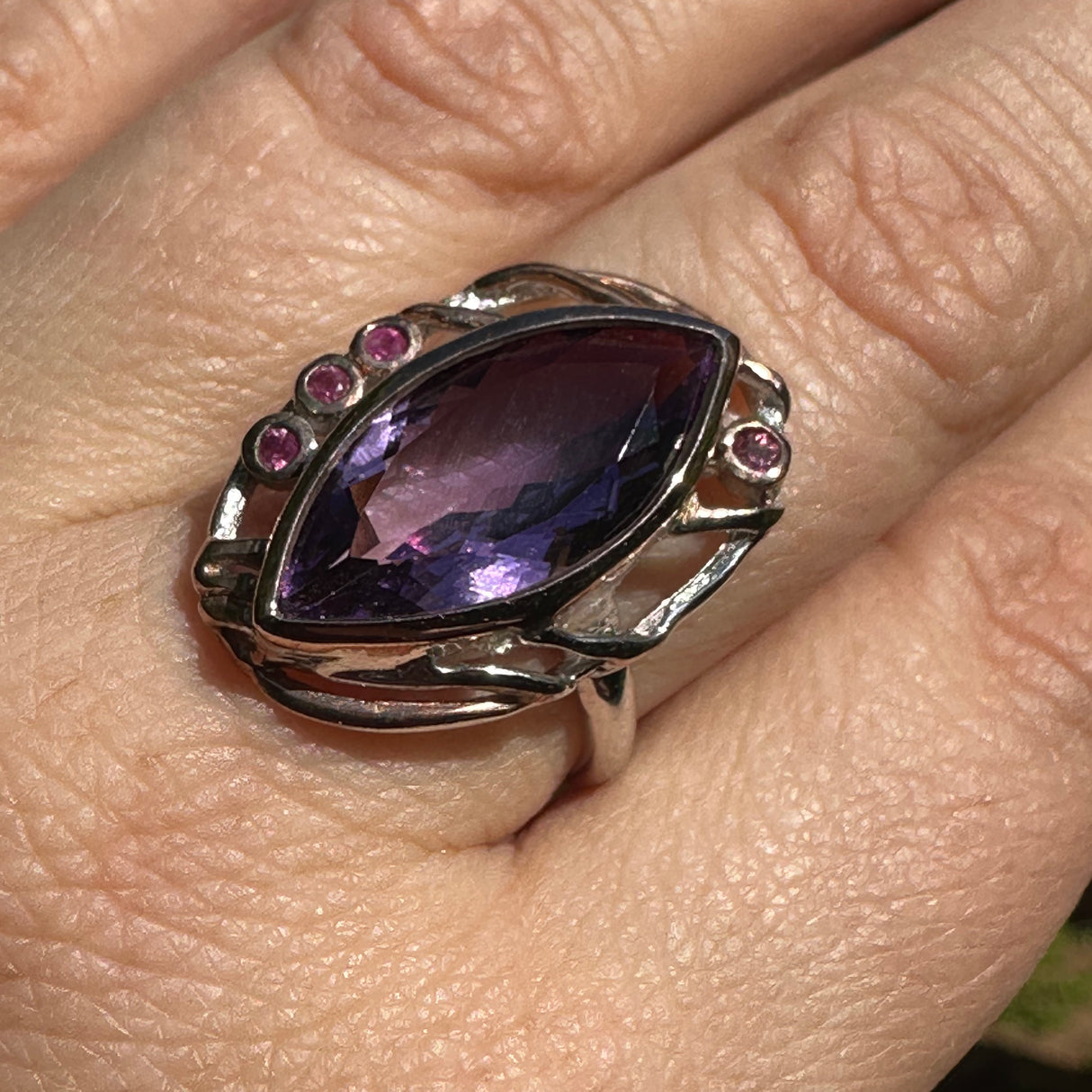 Amethyst with Rhodolite and Rose Gold plate ring size 8 GRA789