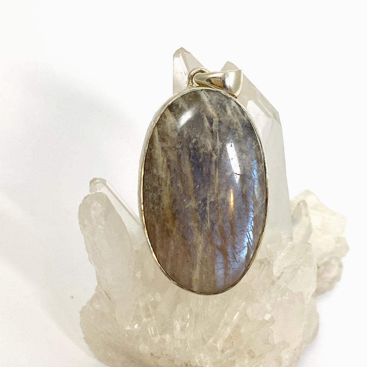 Belomorite (Sunstone with Moonstone "Eclipse" Stone) Oval Cabochon Pendant in a Hammered Setting KPGJ4698