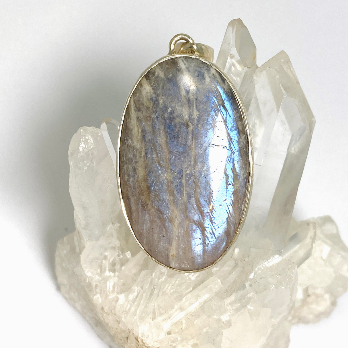 Belomorite (Sunstone with Moonstone "Eclipse" Stone) Oval Cabochon Pendant in a Hammered Setting KPGJ4698