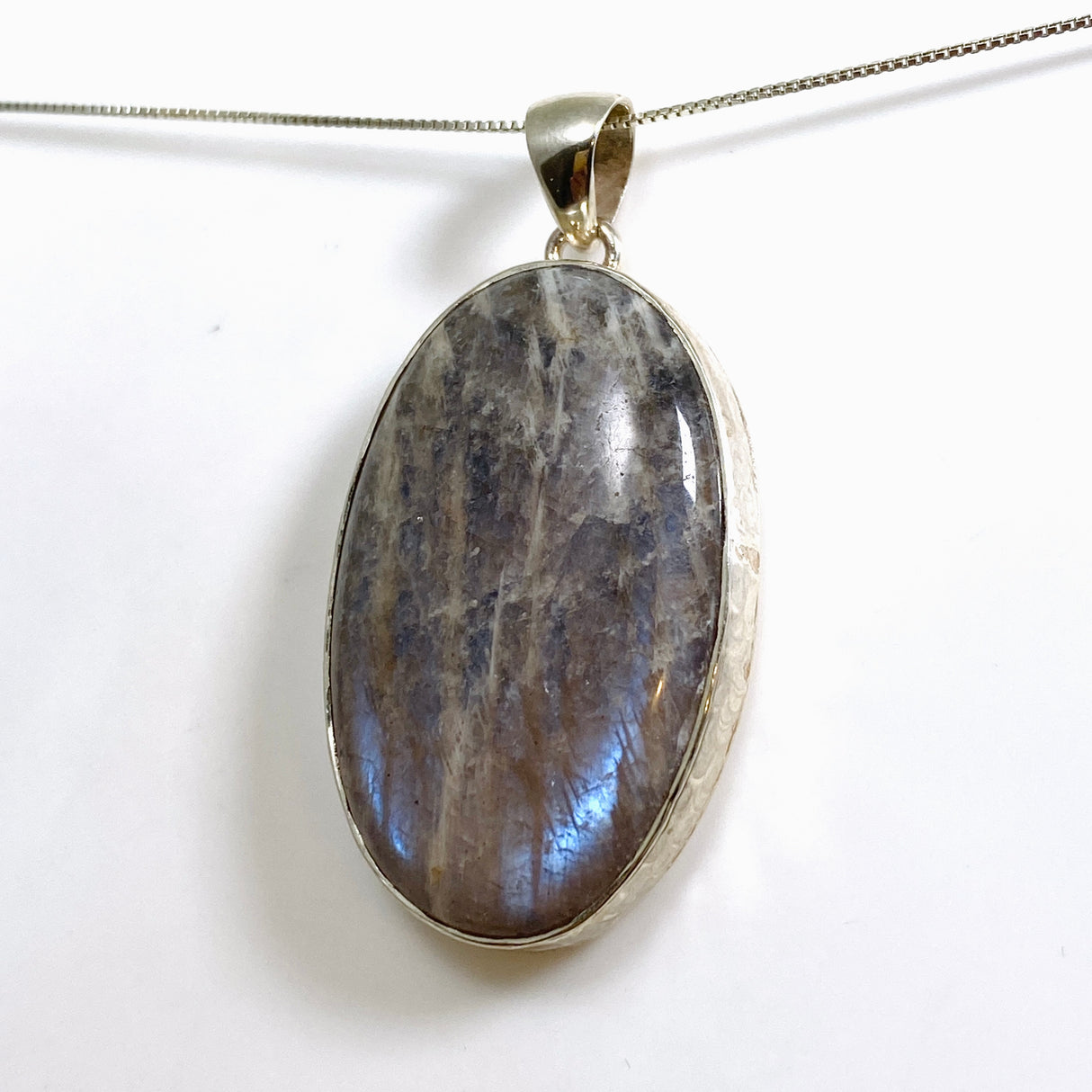 Belomorite (Sunstone with Moonstone "Eclipse" Stone) Oval Cabochon Pendant in a Hammered Setting KPGJ4698