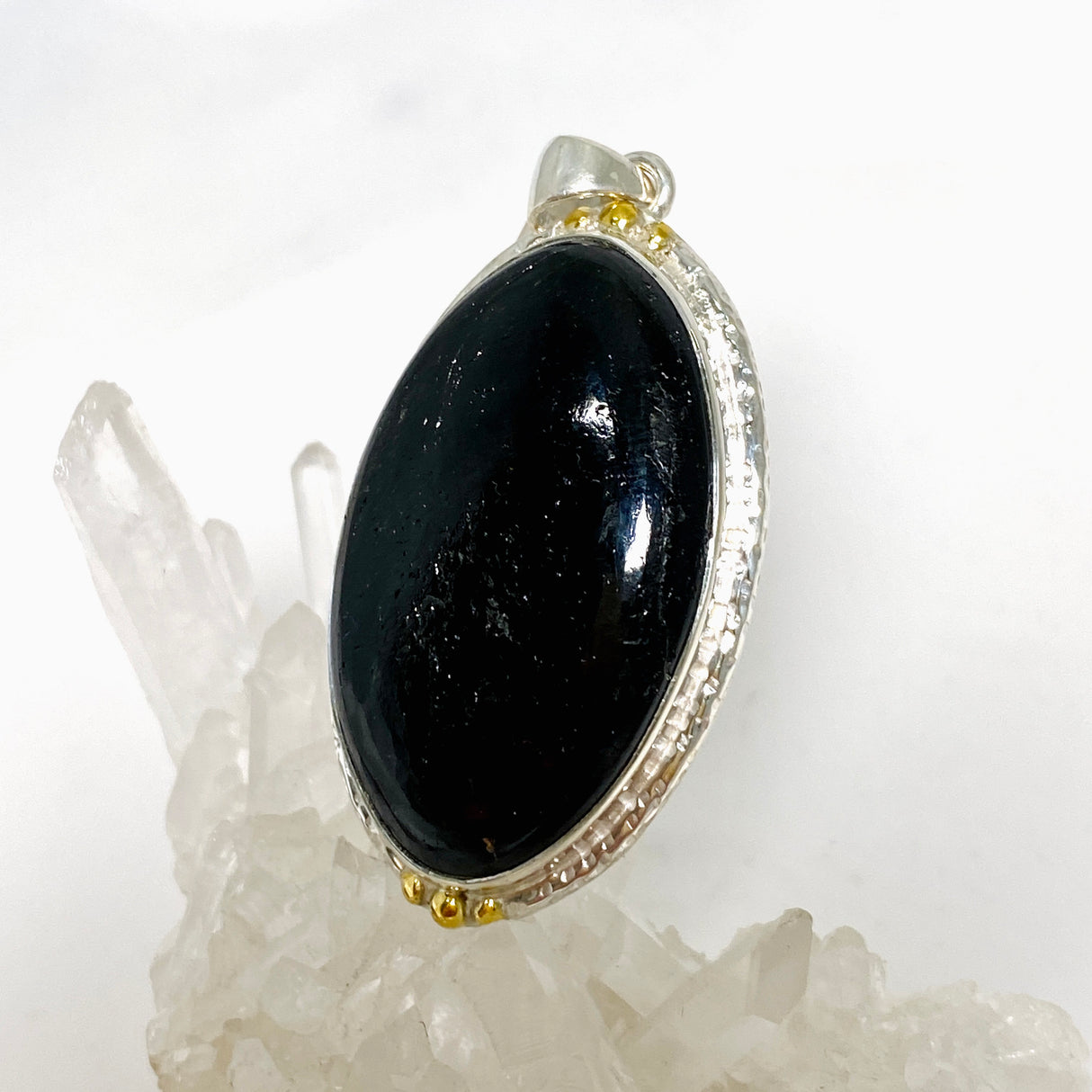 Black Tourmaline Oval Cabochon Pendant in a Decorative Setting KPGJ4594