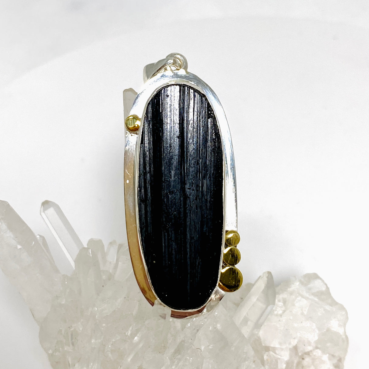 Black Tourmaline Oval Raw Pendant in a Decorative Setting KPGJ4595