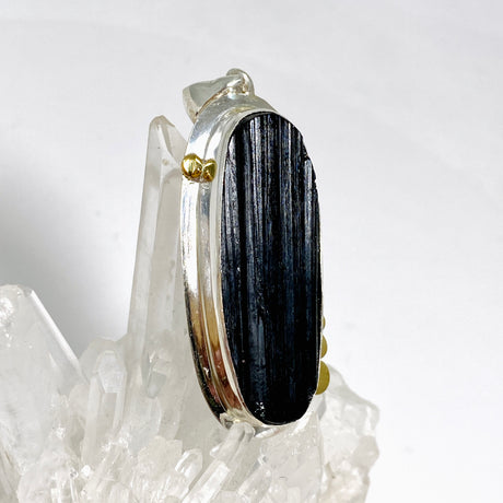 Black Tourmaline Oval Raw Pendant in a Decorative Setting KPGJ4595