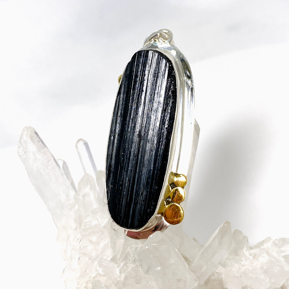 Black Tourmaline Oval Raw Pendant in a Decorative Setting KPGJ4595