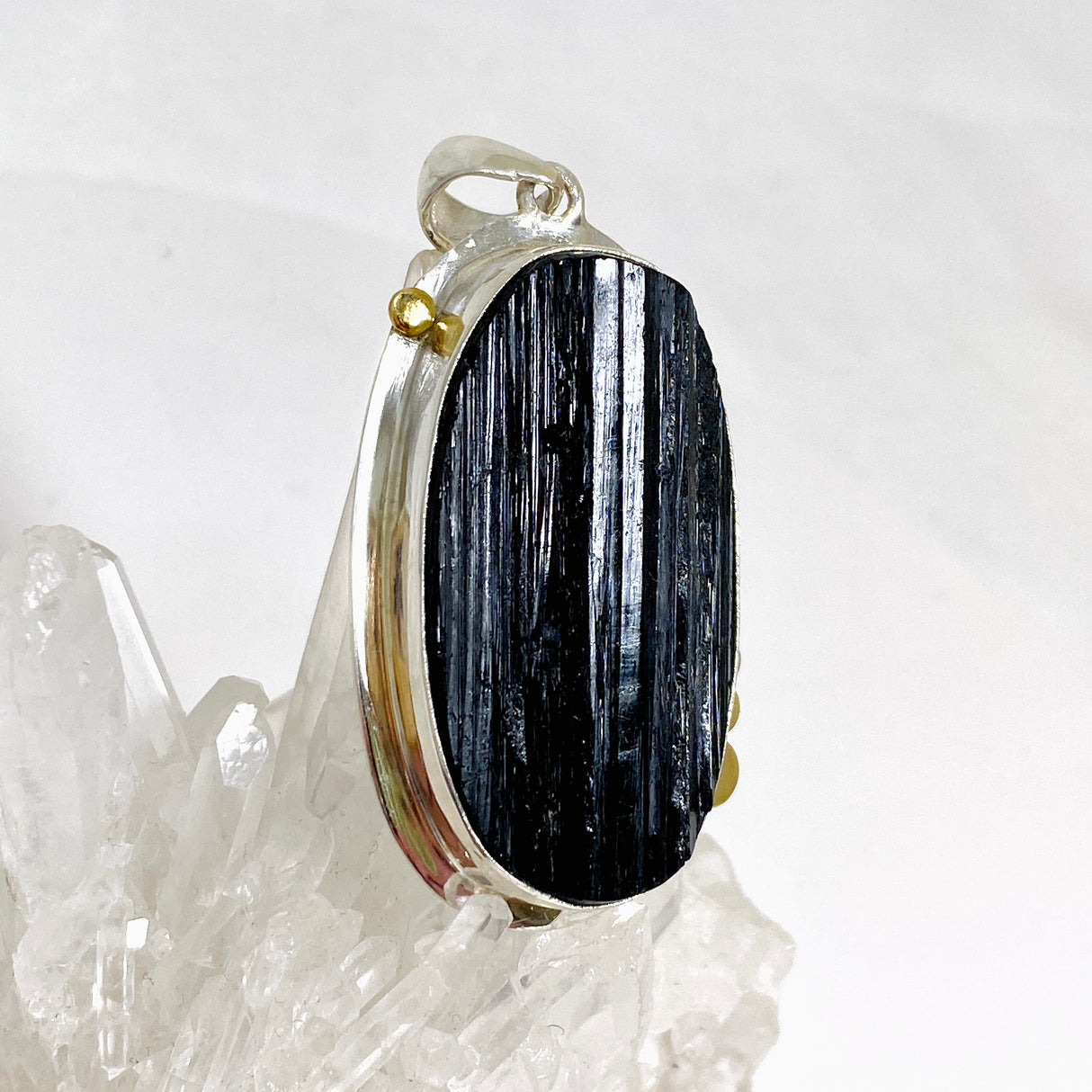 Black Tourmaline Oval Raw Pendant in a Decorative Setting KPGJ4596