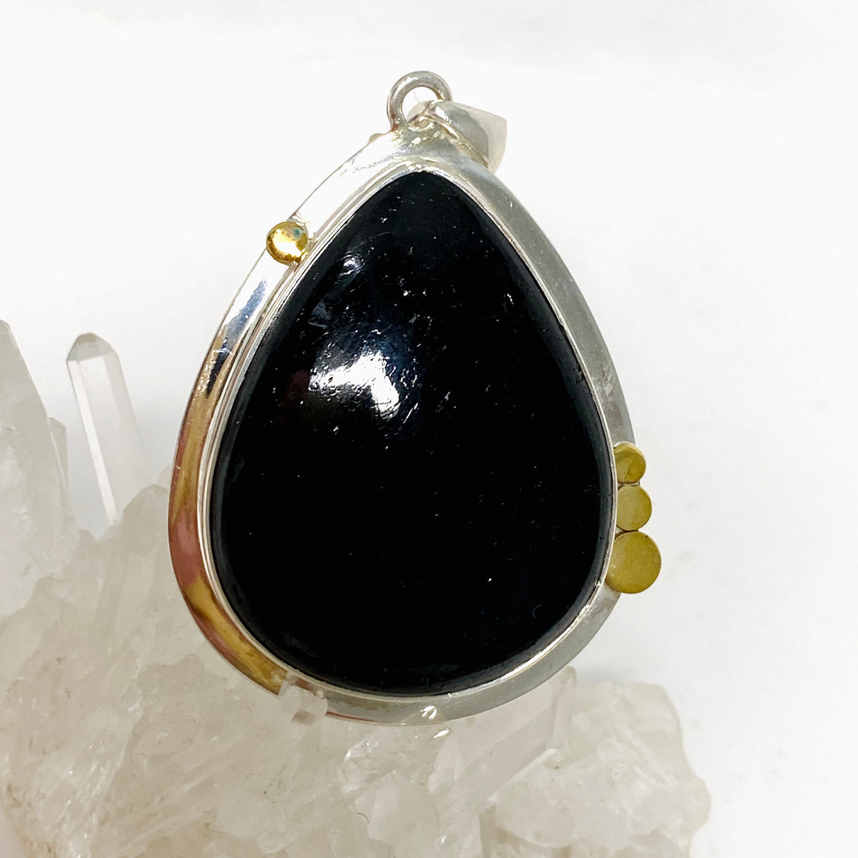 Black Tourmaline Teardrop Cabochon Pendant in a Decorative Setting KPGJ4593