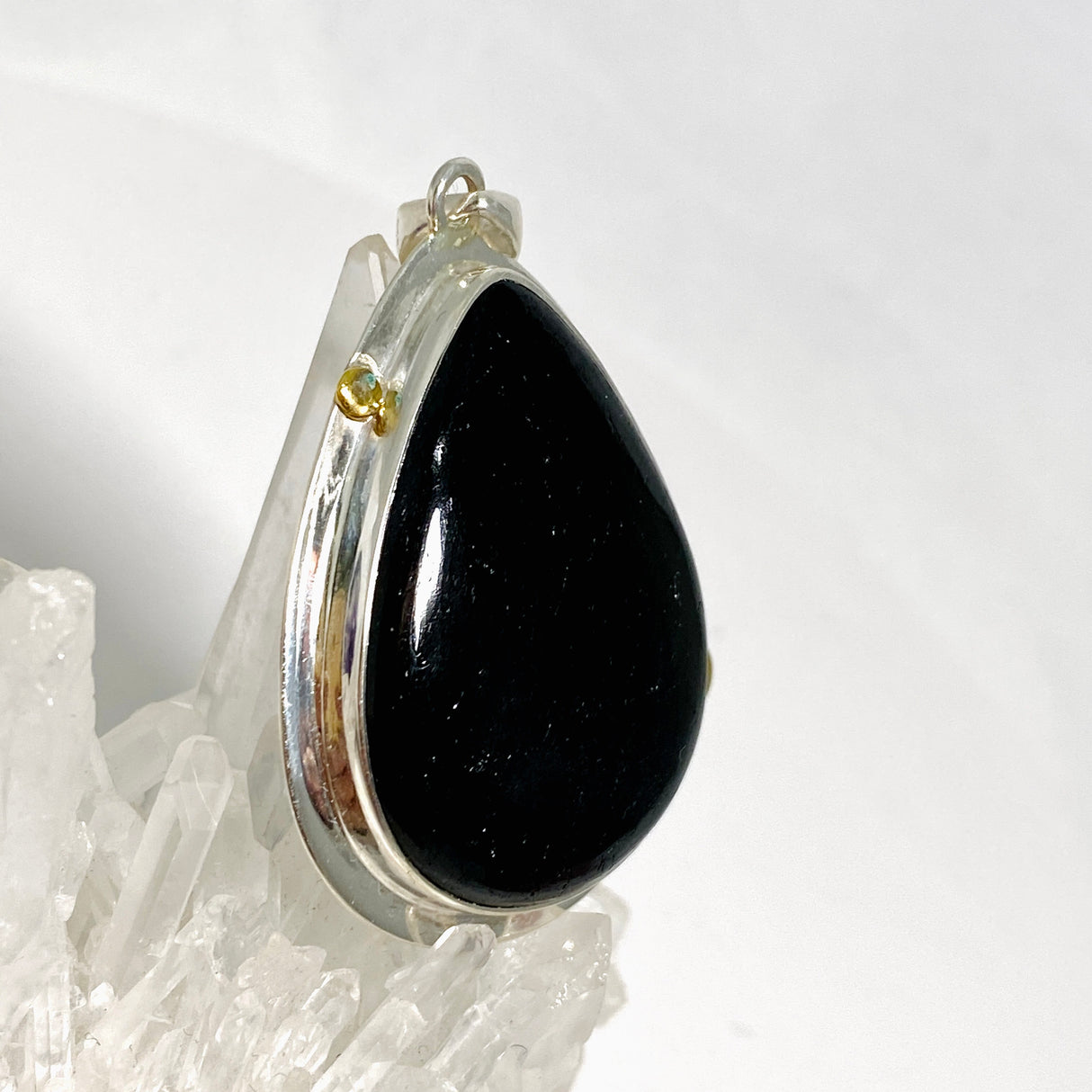 Black Tourmaline Teardrop Cabochon Pendant in a Decorative Setting KPGJ4593