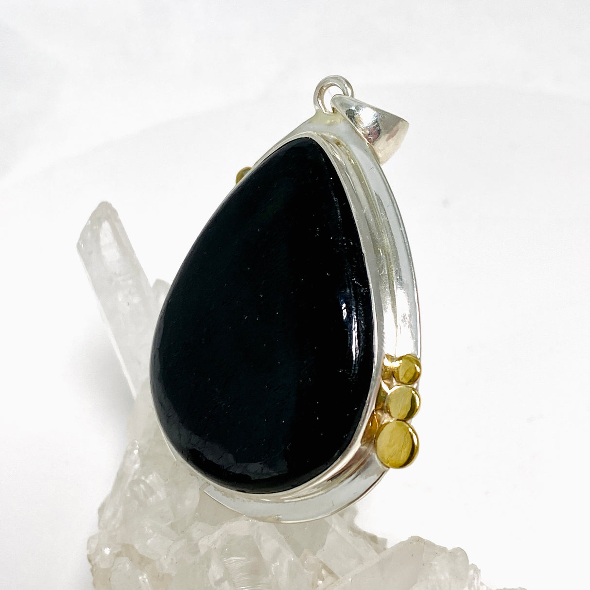 Black Tourmaline Teardrop Cabochon Pendant in a Decorative Setting KPGJ4593