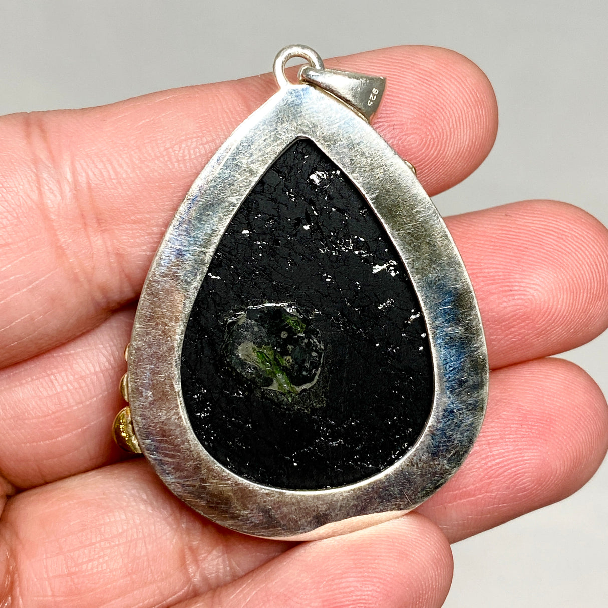 Black Tourmaline Teardrop Cabochon Pendant in a Decorative Setting KPGJ4593