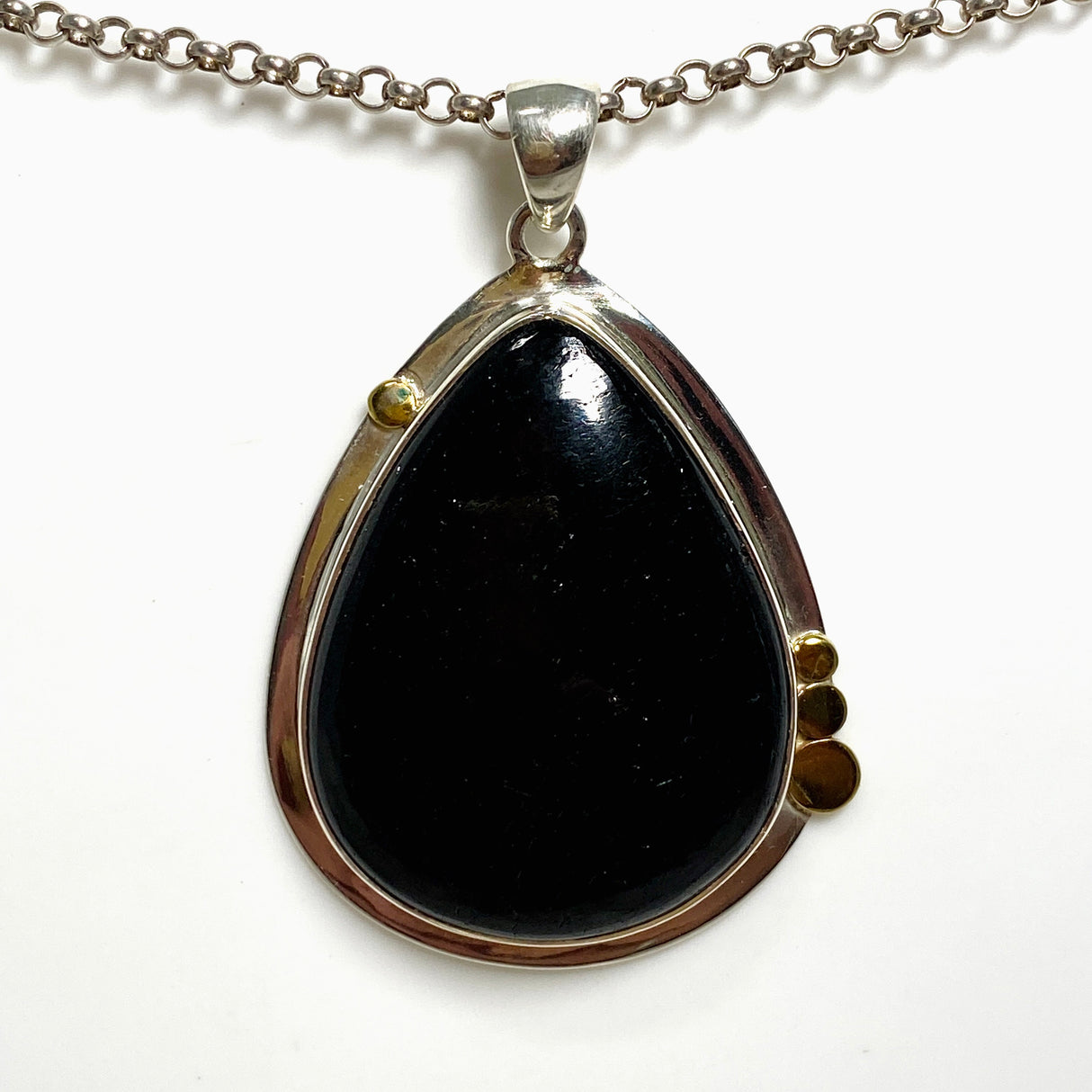 Black Tourmaline Teardrop Cabochon Pendant in a Decorative Setting KPGJ4593