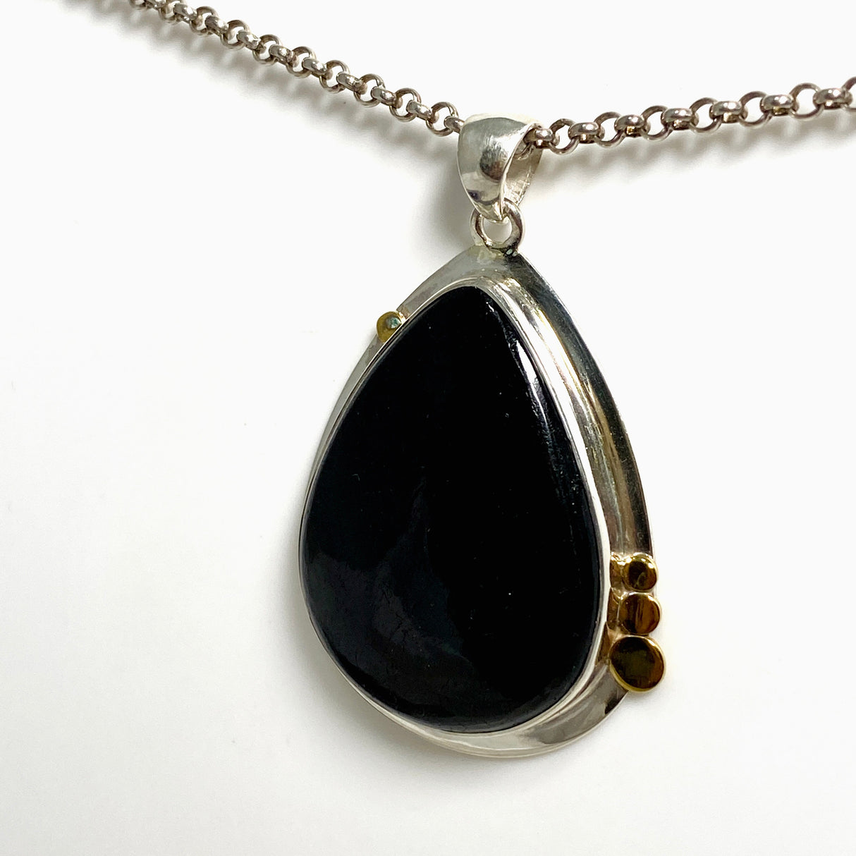 Black Tourmaline Teardrop Cabochon Pendant in a Decorative Setting KPGJ4593