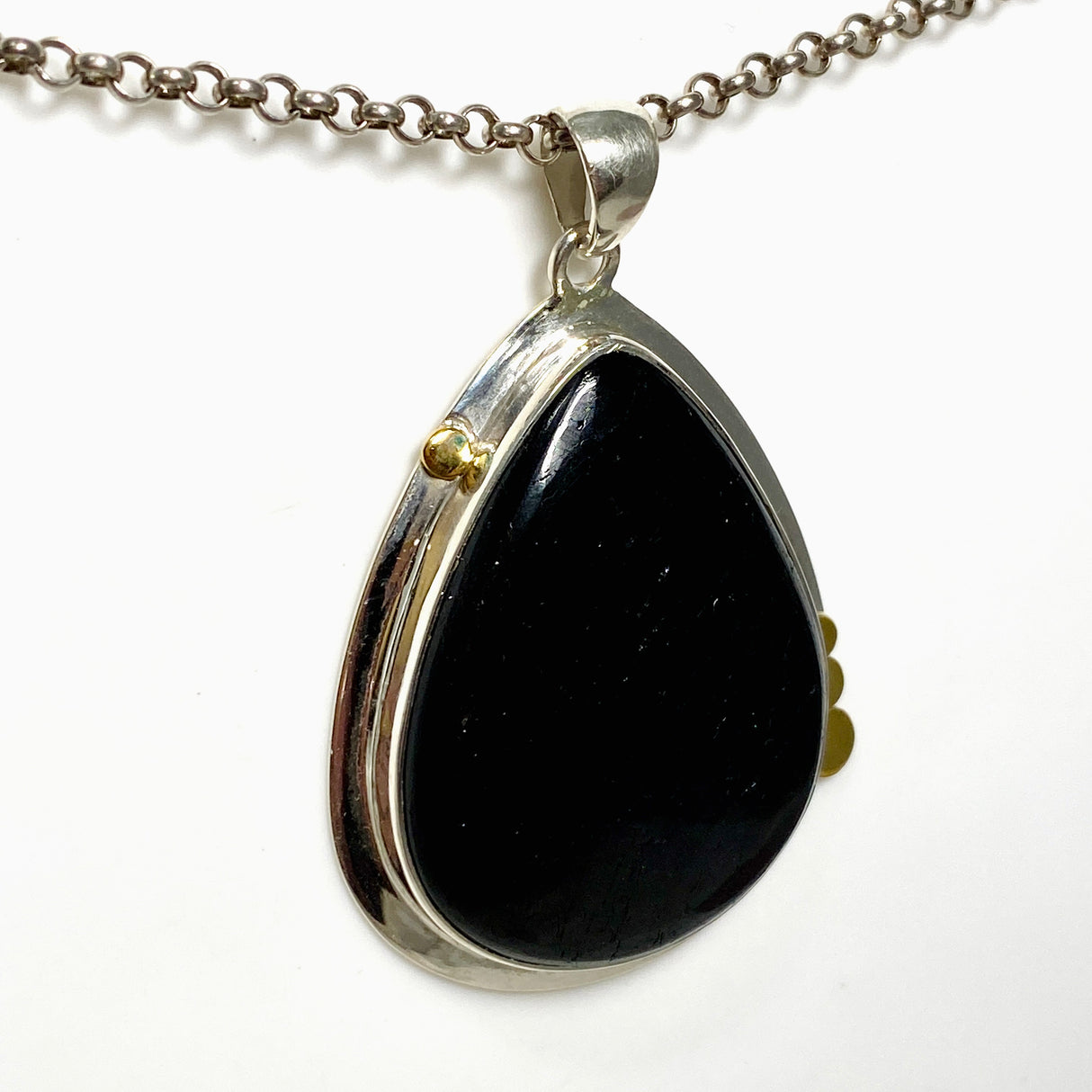 Black Tourmaline Teardrop Cabochon Pendant in a Decorative Setting KPGJ4593