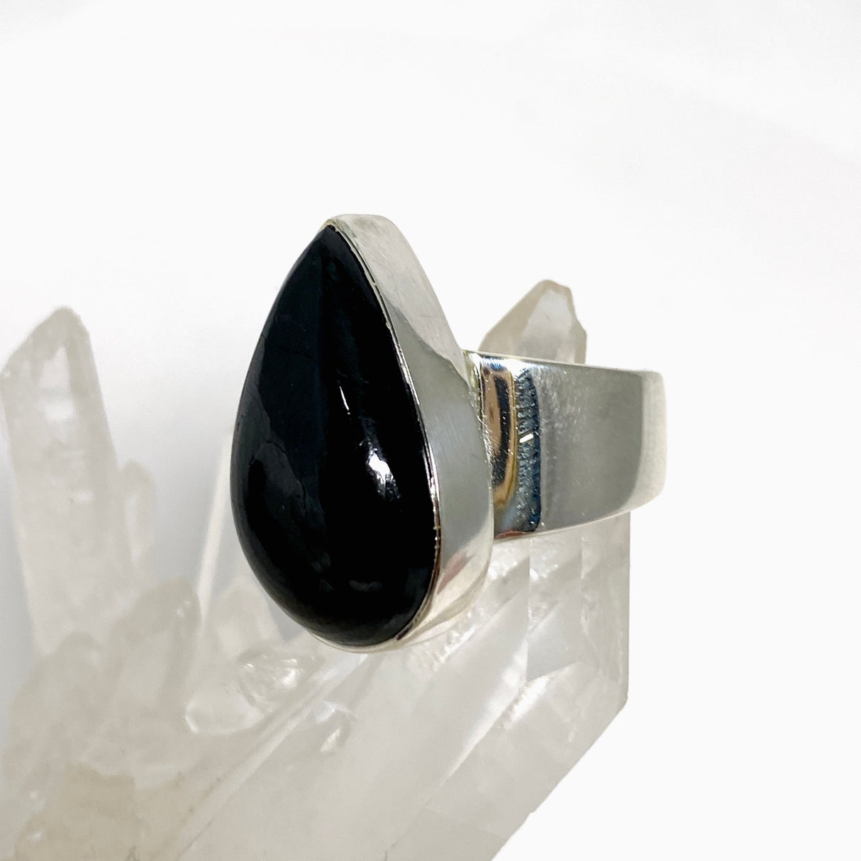 Black Tourmaline Teardrop Cabochon Ring Size 8 KRGJ3273