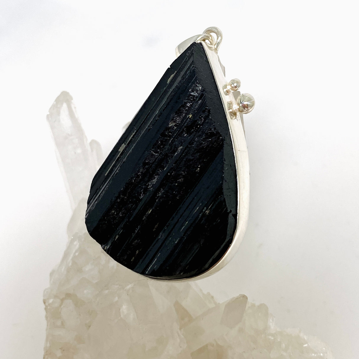 Black Tourmaline Teardrop Raw Pendant in a Decorative Setting KPGJ4599