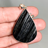 Black Tourmaline Teardrop Raw Pendant in a Decorative Setting KPGJ4599