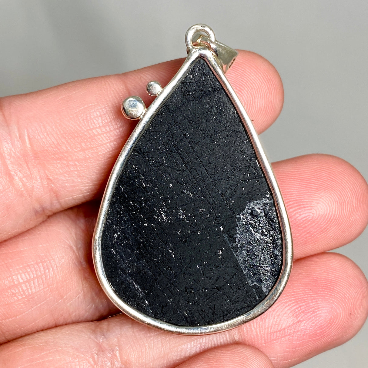 Black Tourmaline Teardrop Raw Pendant in a Decorative Setting KPGJ4599