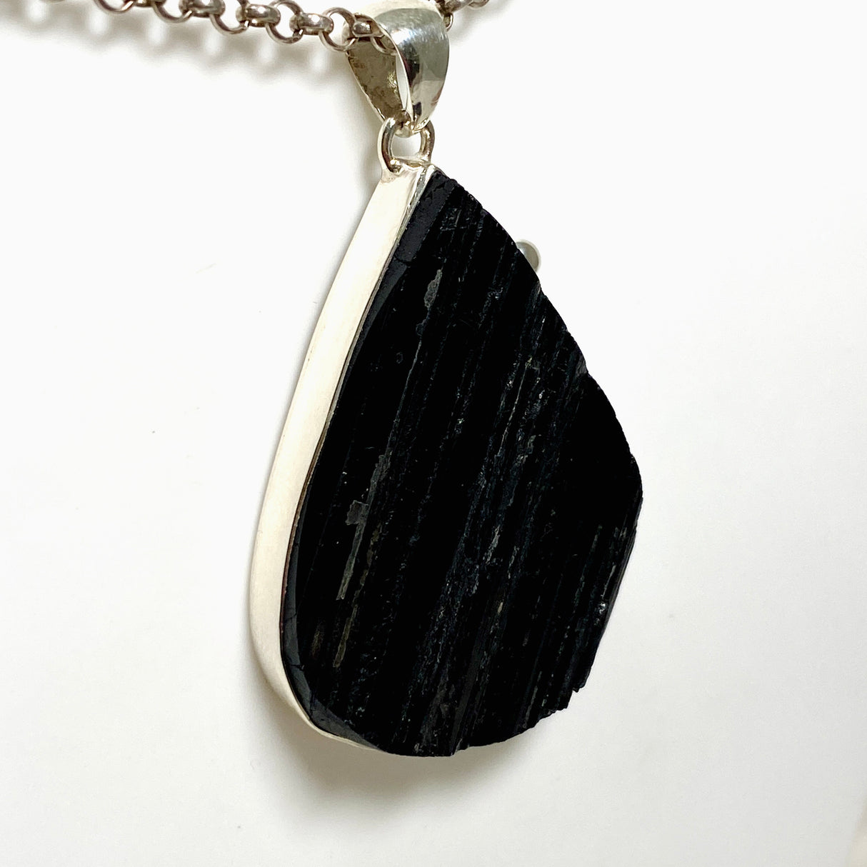 Black Tourmaline Teardrop Raw Pendant in a Decorative Setting KPGJ4599