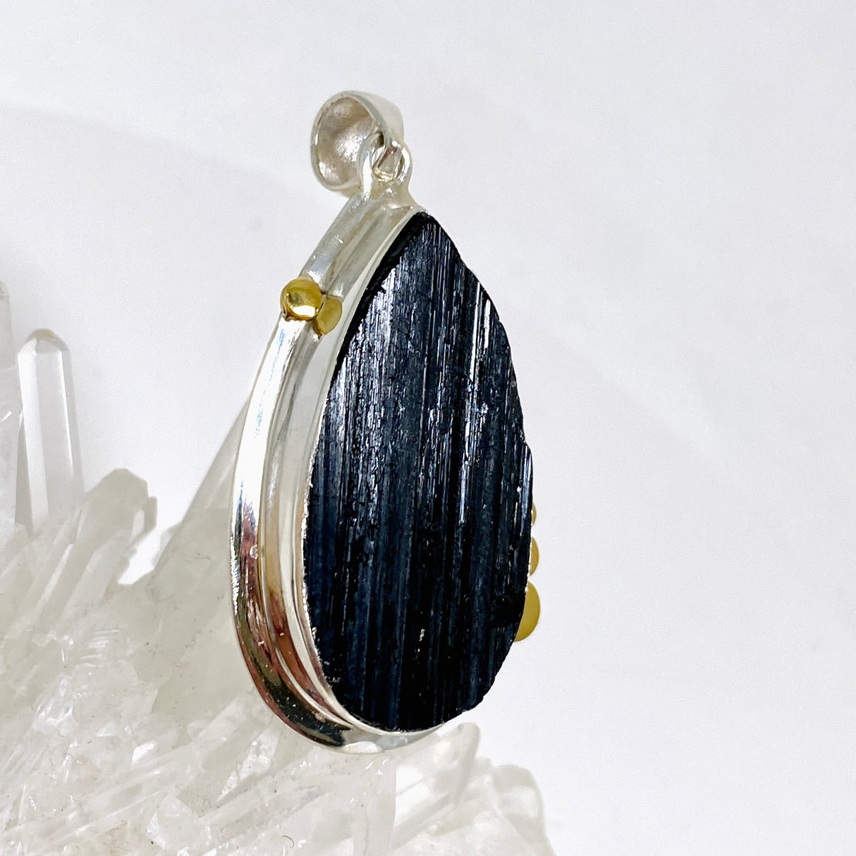 Black Tourmaline Teardrop Raw Pendant in a Decorative Setting KPGJ4600