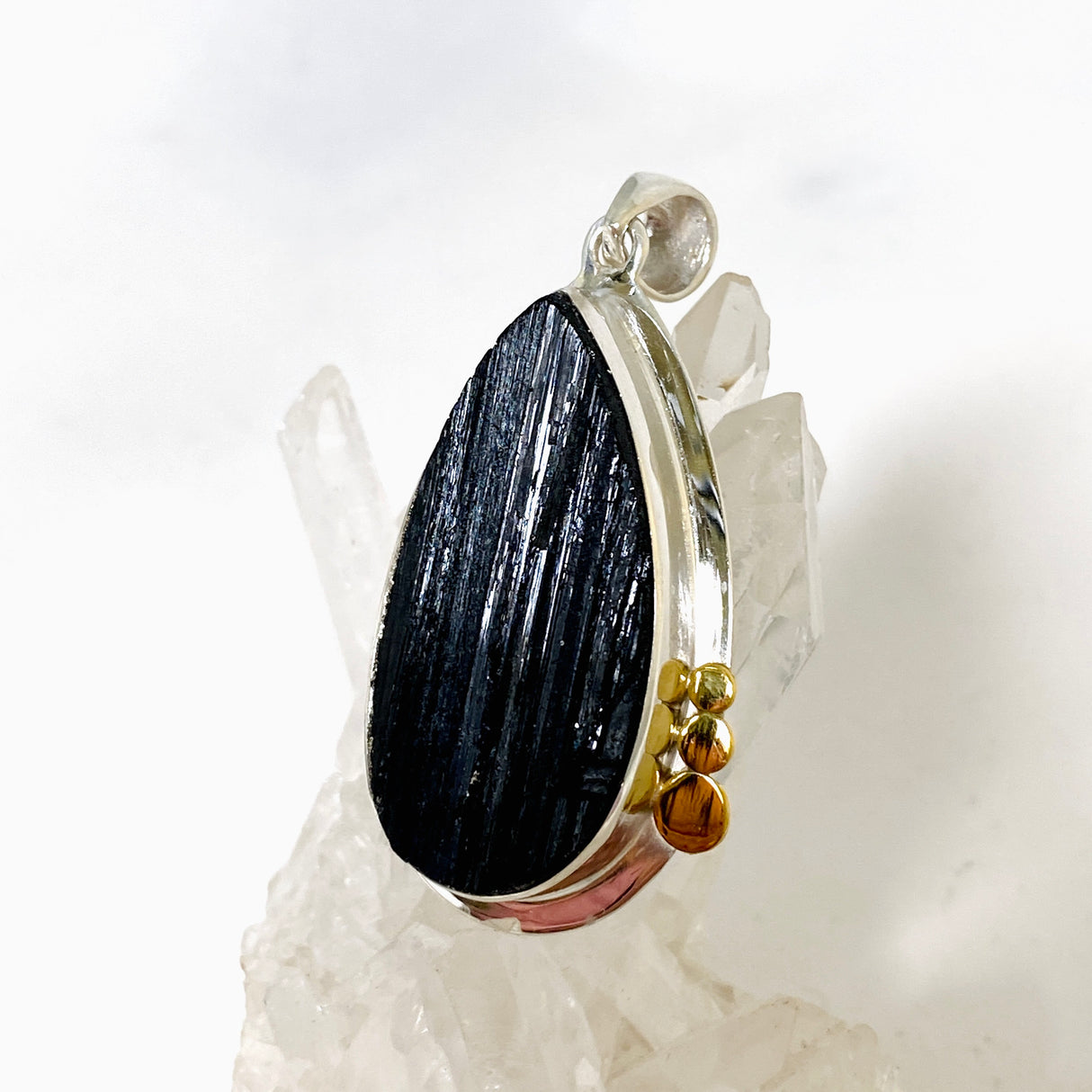 Black Tourmaline Teardrop Raw Pendant in a Decorative Setting KPGJ4600