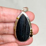 Black Tourmaline Teardrop Raw Pendant in a Decorative Setting KPGJ4600