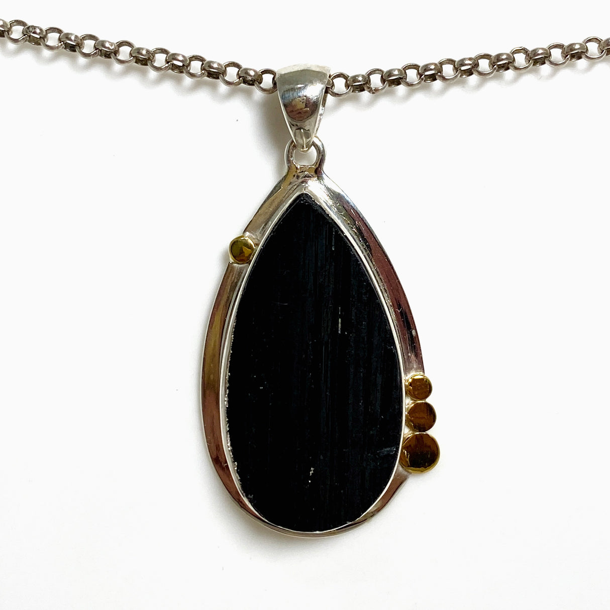 Black Tourmaline Teardrop Raw Pendant in a Decorative Setting KPGJ4600