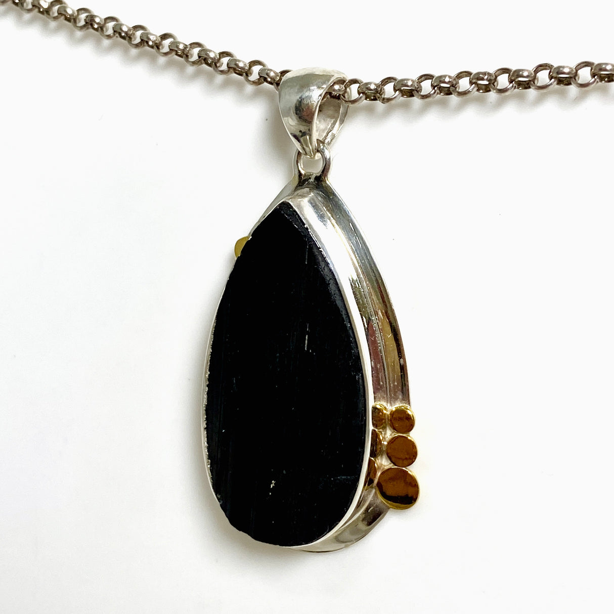 Black Tourmaline Teardrop Raw Pendant in a Decorative Setting KPGJ4600