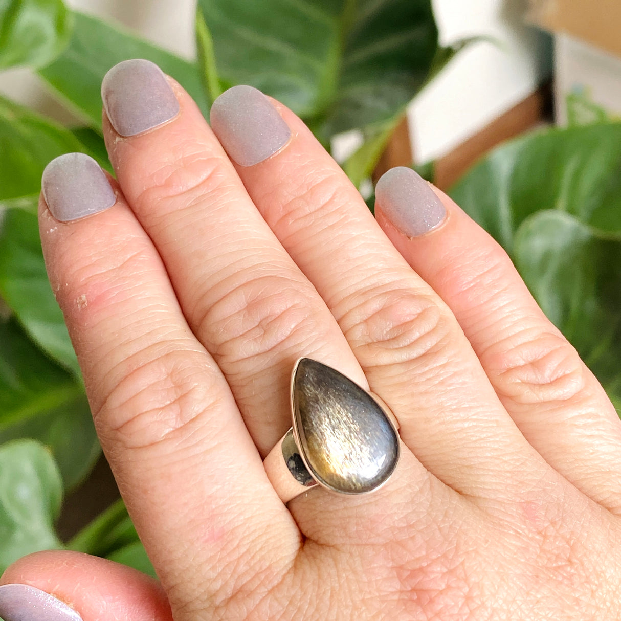 Black Sunstone Teardrop Cabochon Ring Size 9 KRGJ3333