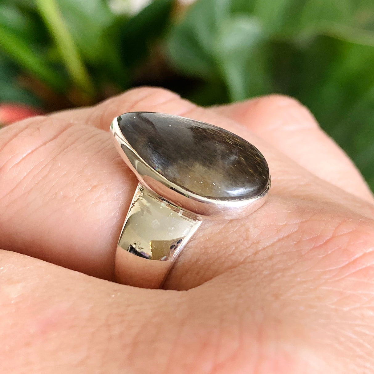 Black Sunstone Teardrop Cabochon Ring Size 9 KRGJ3333