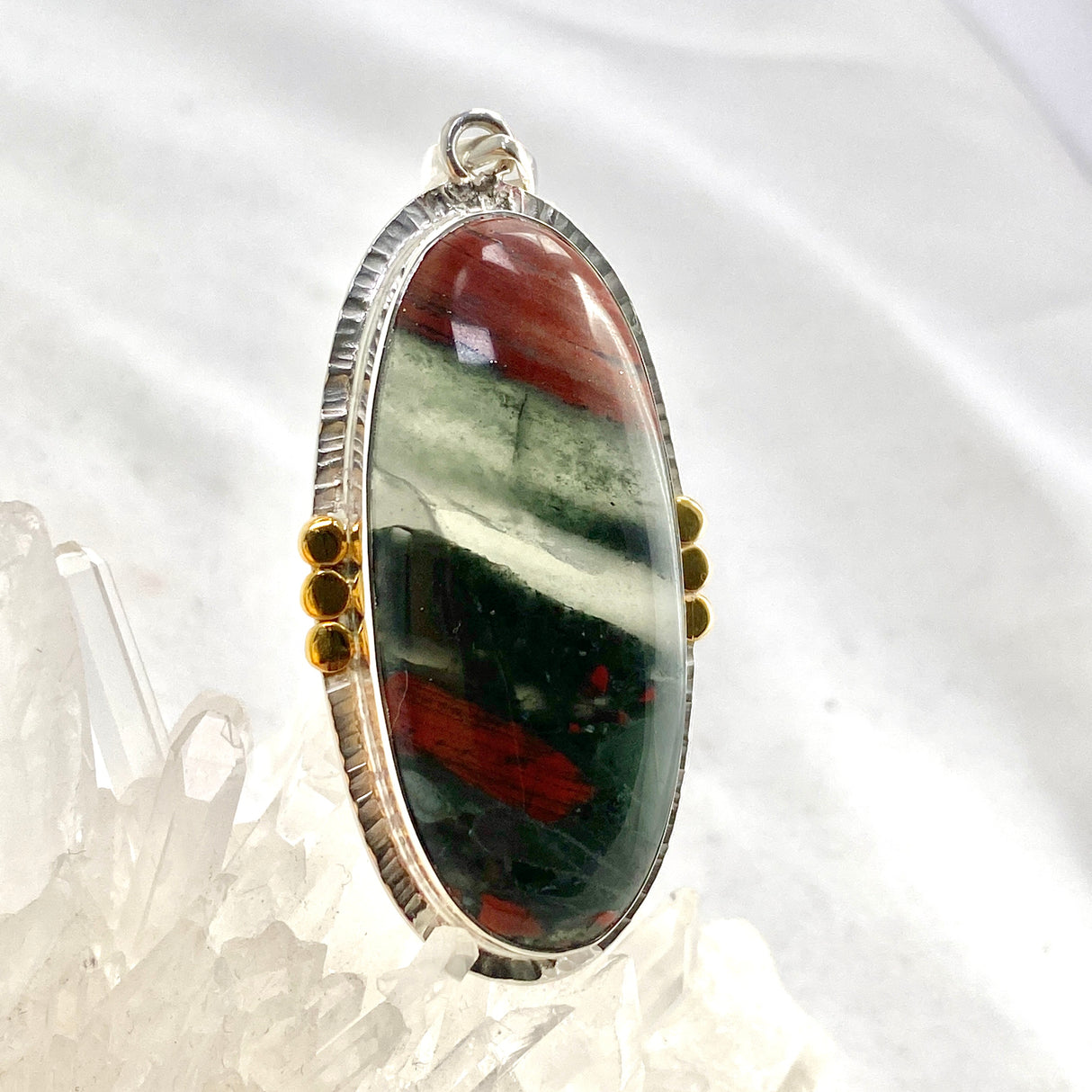 Bloodstone Oval Cabochon Pendant in a Decorative Setting with Brass Accents KPGJ4745