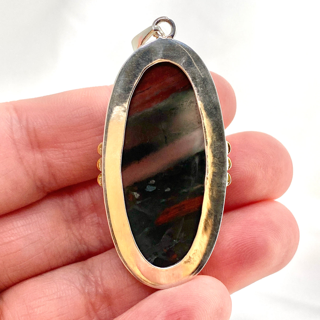 Bloodstone Oval Cabochon Pendant in a Decorative Setting with Brass Accents KPGJ4745