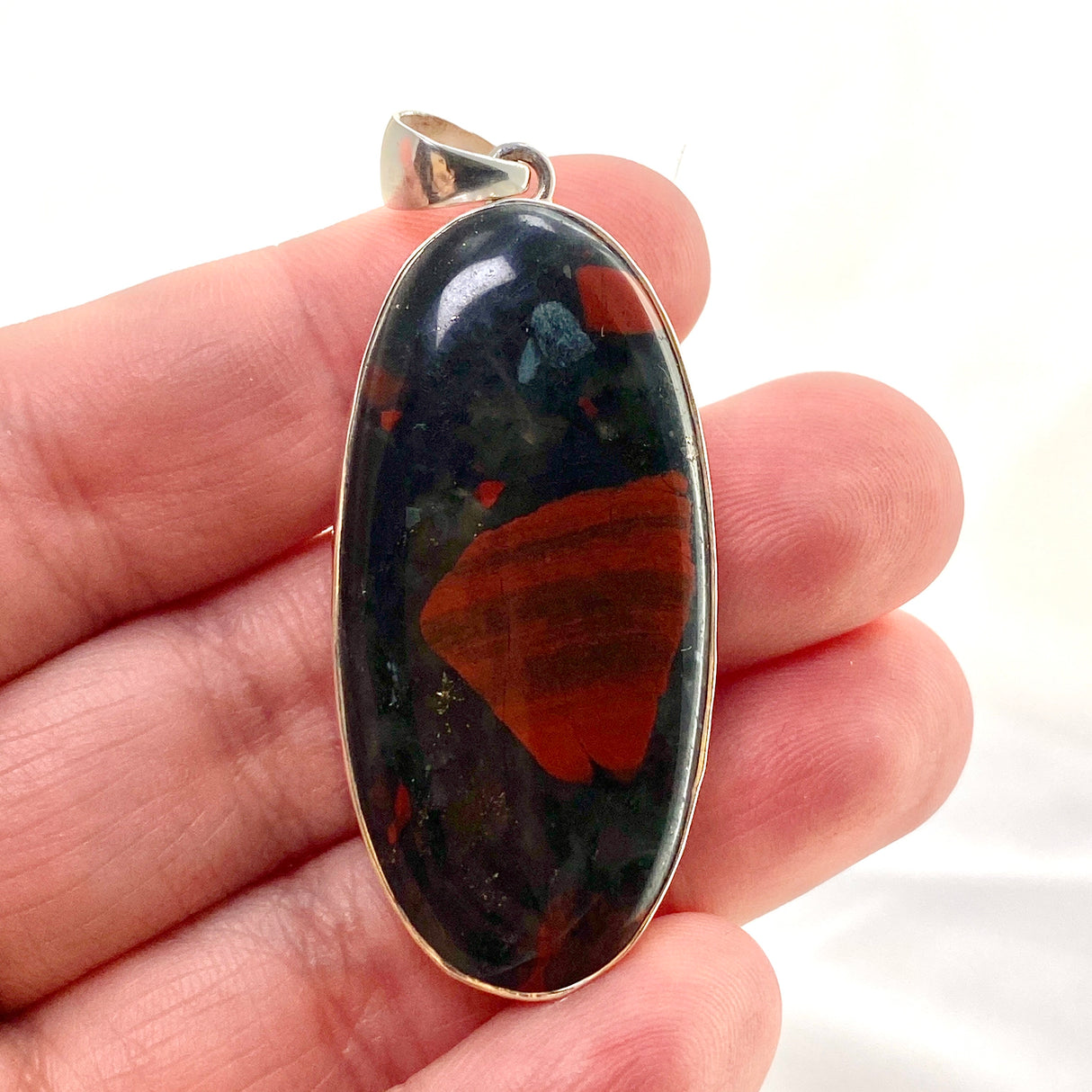 Bloodstone Oval Cabochon Pendant in a Hammered Setting KPGJ4739