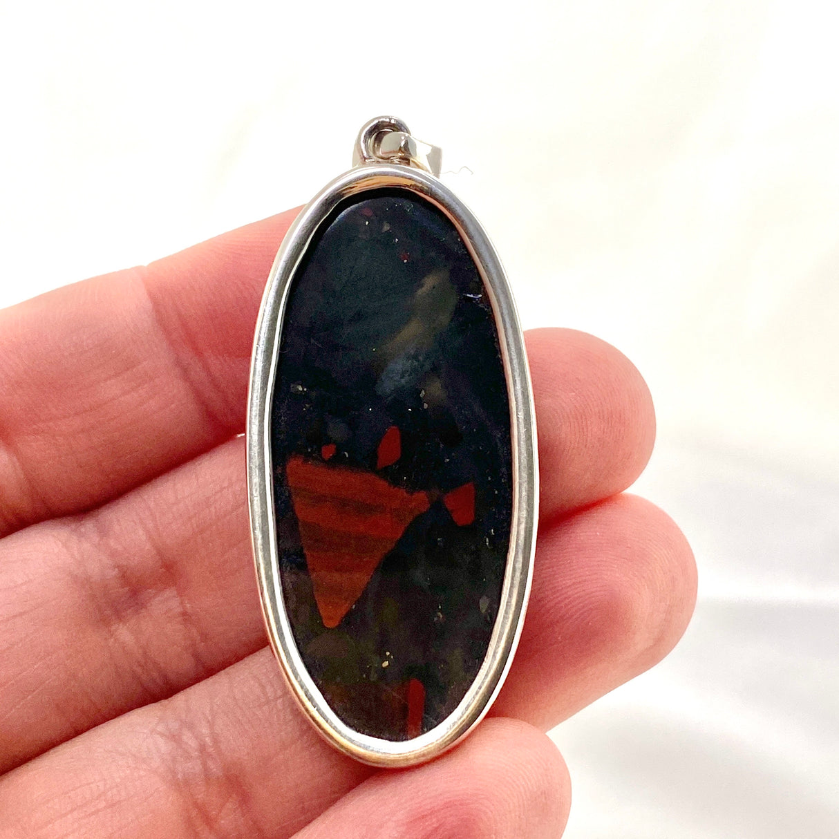 Bloodstone Oval Cabochon Pendant in a Hammered Setting KPGJ4739