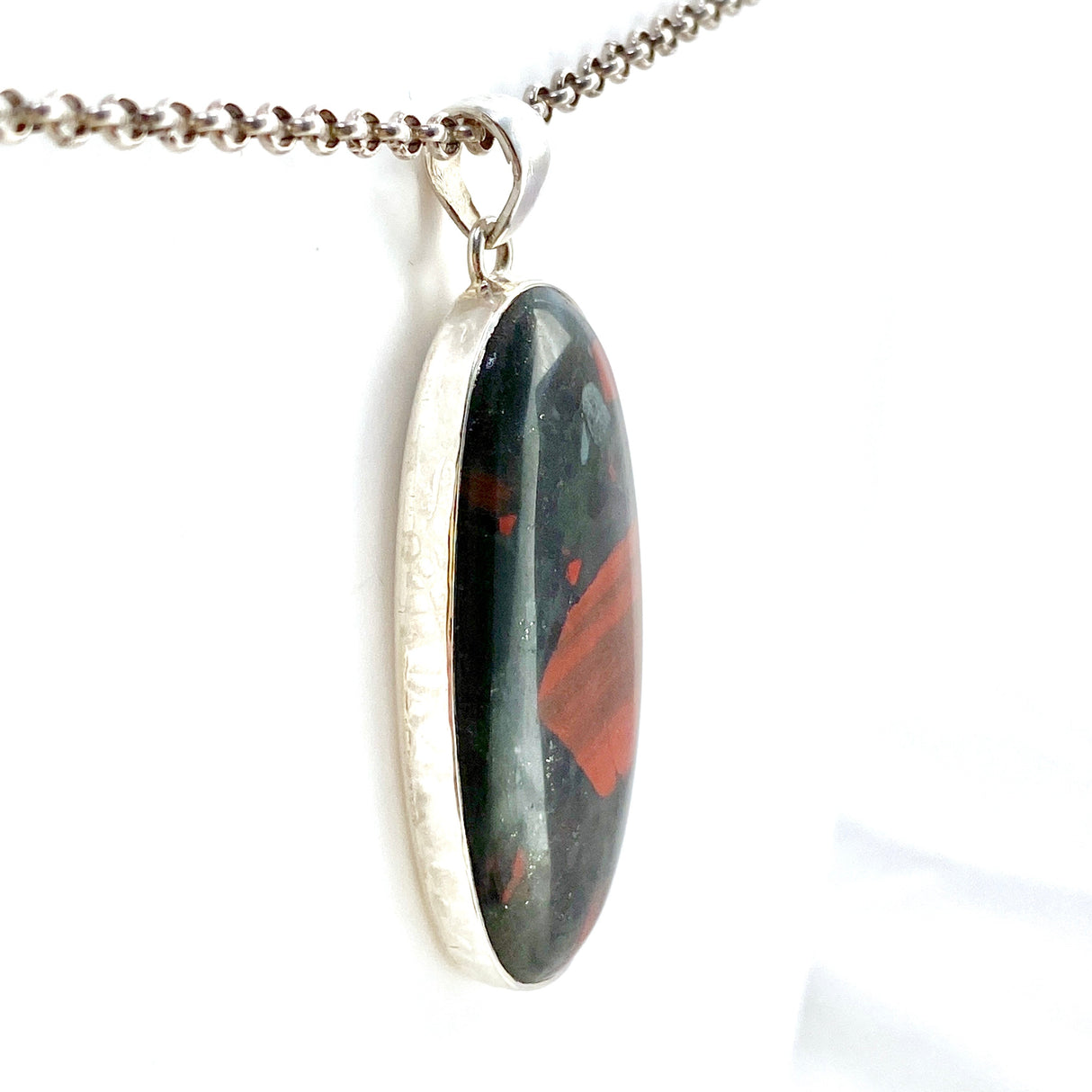 Bloodstone Oval Cabochon Pendant in a Hammered Setting KPGJ4739