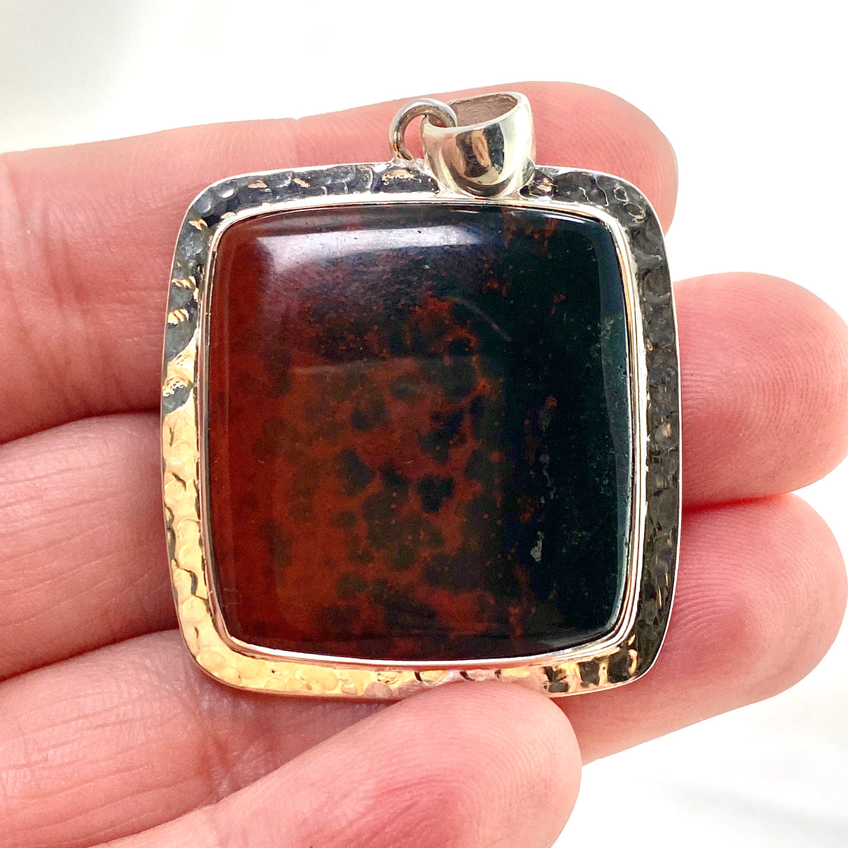 Bloodstone Square Cabochon Pendant in a Hammered Setting KPGJ4743