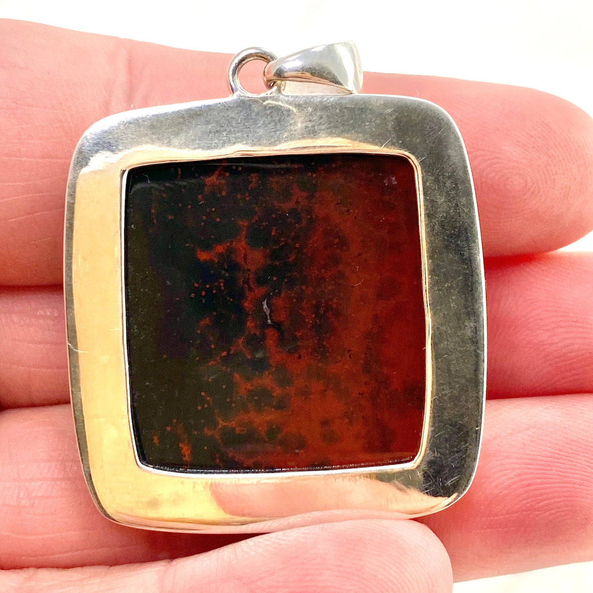 Bloodstone Square Cabochon Pendant in a Hammered Setting KPGJ4743