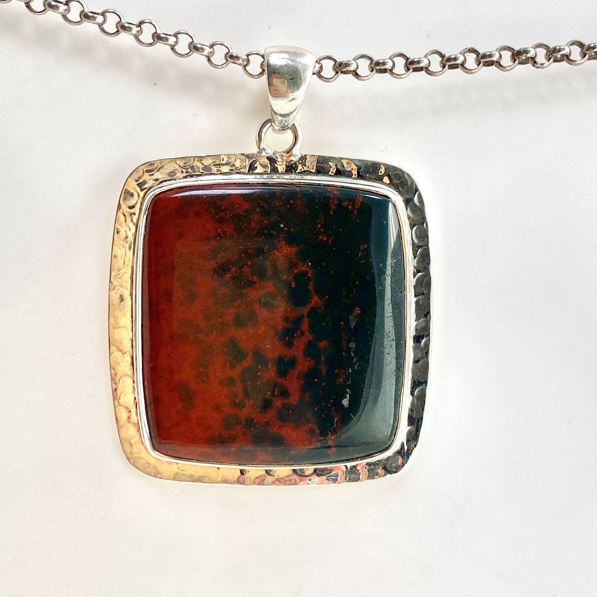 Bloodstone Square Cabochon Pendant in a Hammered Setting KPGJ4743